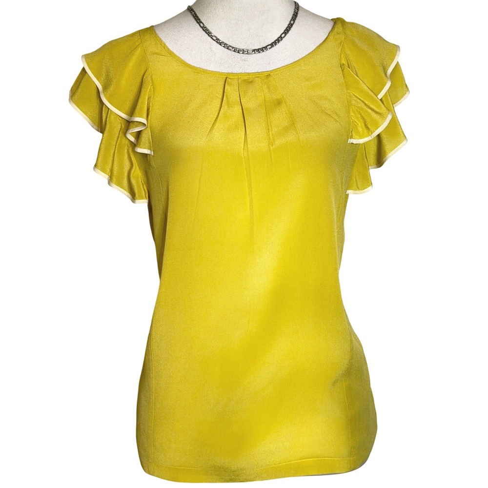 Anthropologie Odille Yellow Silk Flutter Sleeve Blouse Scoop Neck Cottagecore 12